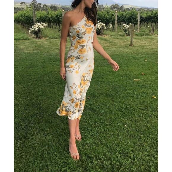 Bec + Bridge Matilde One Shoulder White Yellow Floral Midi Dress Size 6 - Picture 1 of 9